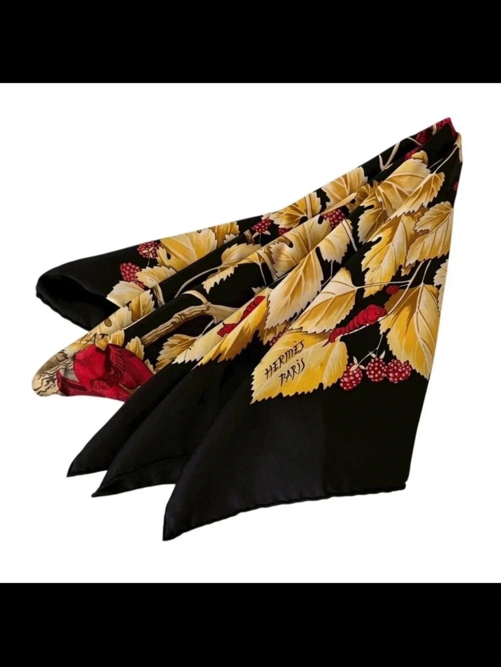 Hermes Black Silk Scarf with Gold Leaves and Red Berry Accents